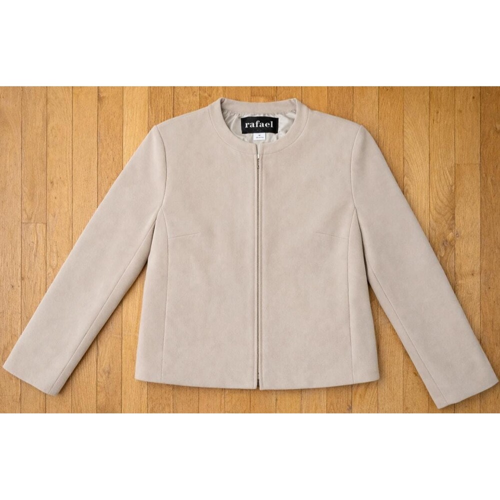 Rafaela Women’s Beige Zip Up Jacket Size 14 Minimalist Collarless Blazer Coat